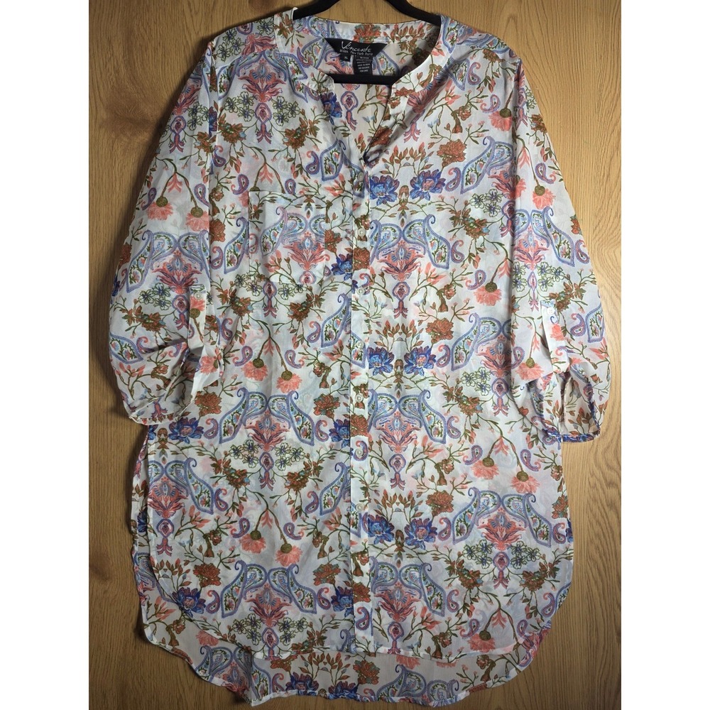 Vincente Blouse Womens XL Floral Paisley White Tunic Roll Tab Sleeve P36808BM